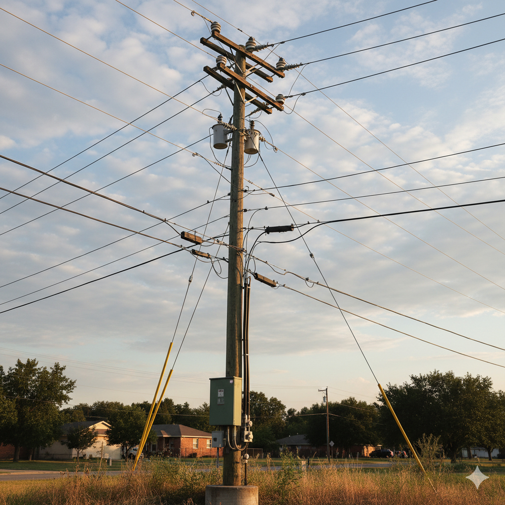 Street utility lighting line with mounted fixtures and cable support