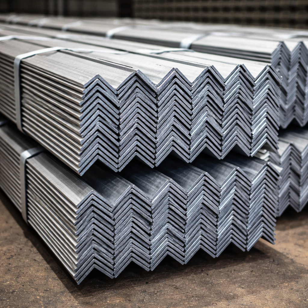 MS Angle steel (angle iron) stacked for fabrication and construction use