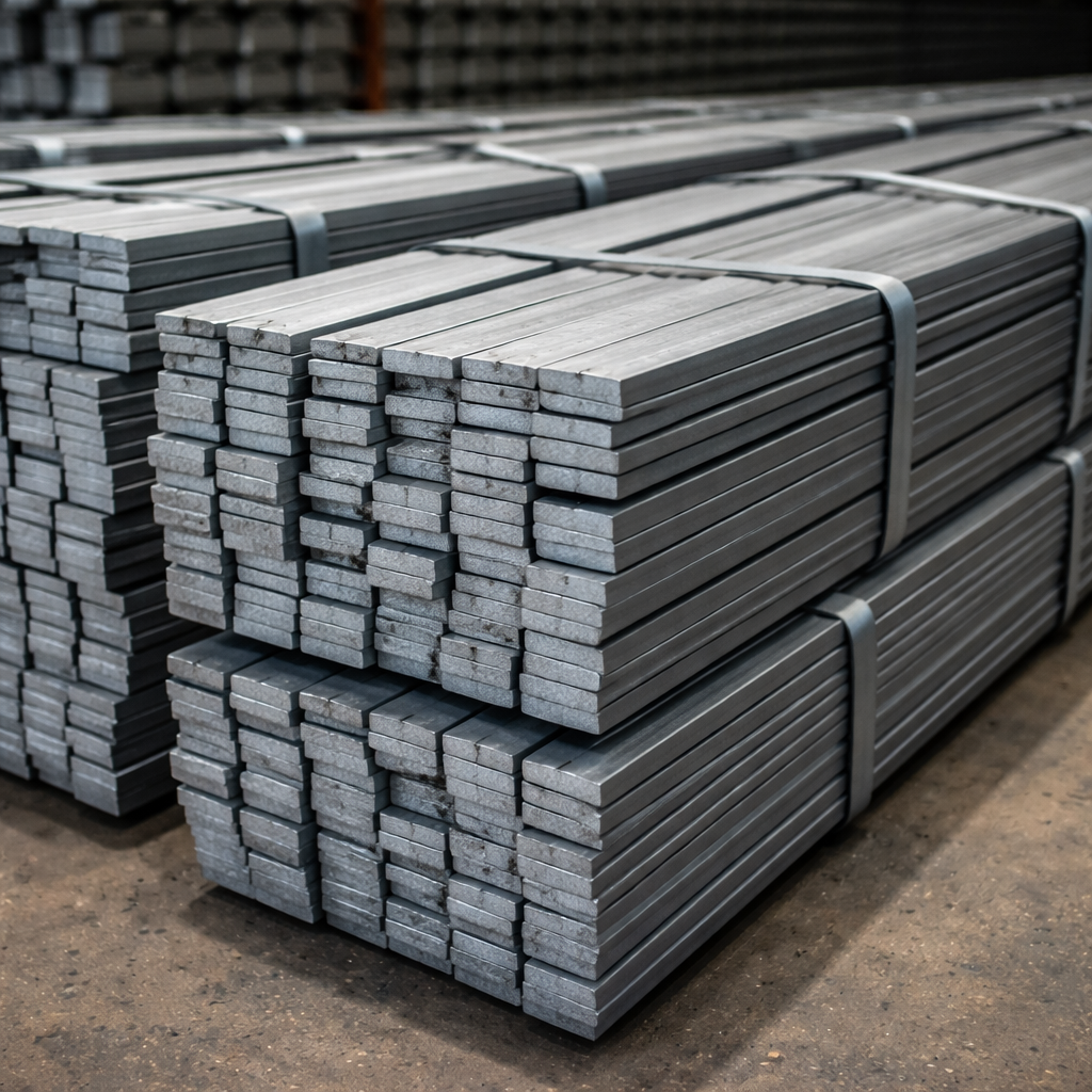 MS Flat bars stacked in bundles used for fabrication and construction