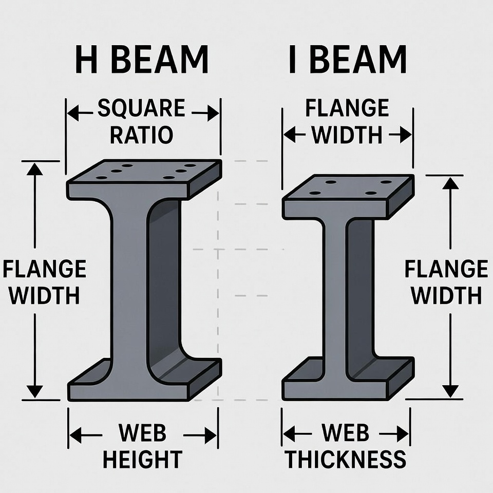 h beam vs i beam comparison showing flange width and web differences for structural steel beams