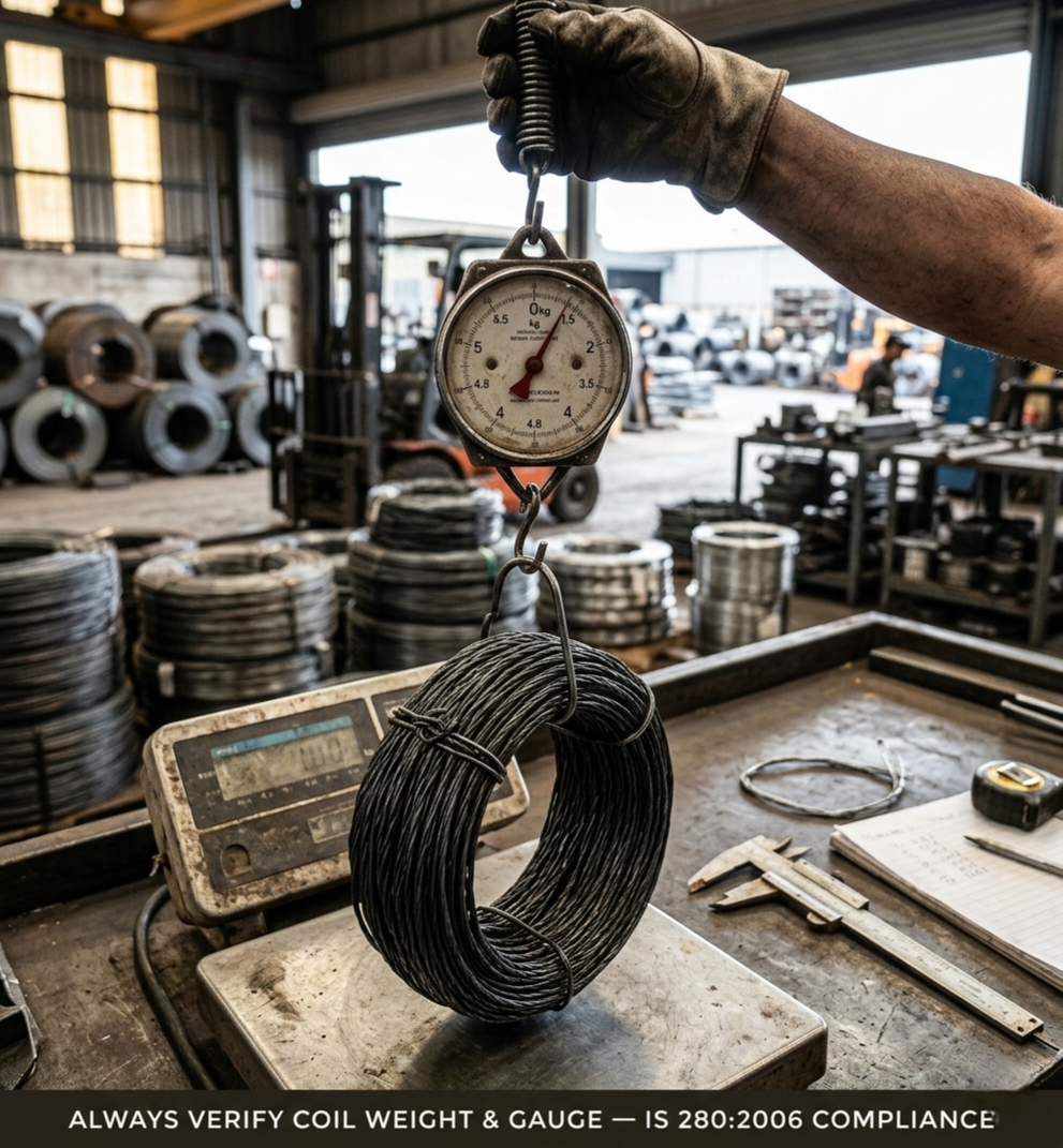 binding wire buying guide quality check weighing binding wire coil verifying gauge diameter IS 280 standard steel trader site inspection