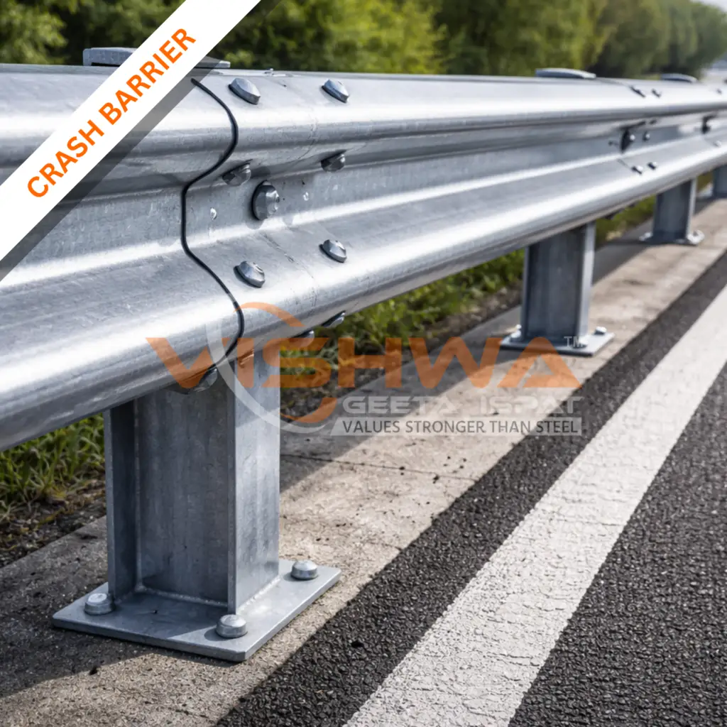 Close-up of a galvanized steel crash barrier (highway guardrail) fixed to steel posts with bolts along the roadside, with greenery in the background.