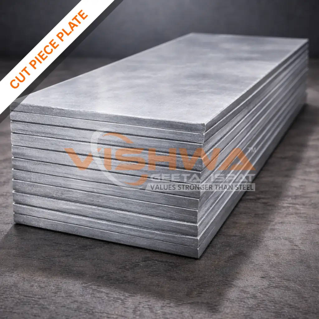 Stack of cut piece steel plates arranged neatly in bulk on a dark textured surface under studio lighting, showing clean edges and uniform thickness.