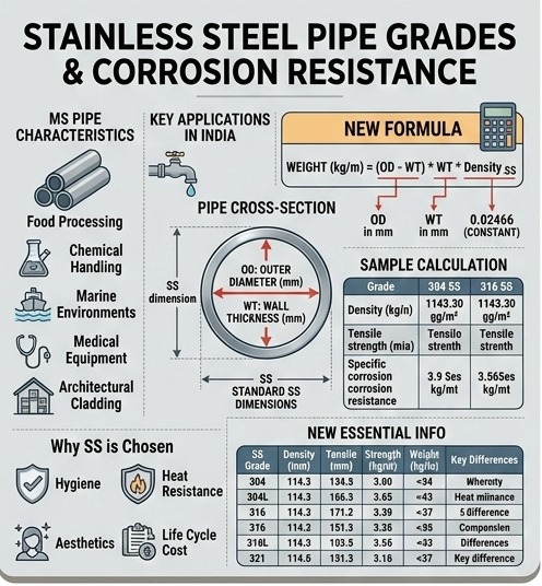  Stainless Steel Pipe Gt=rades & Corrosion Resistance | MS Pipe Size and Weight Chart in Kilograms at Vishwageeta Ispat