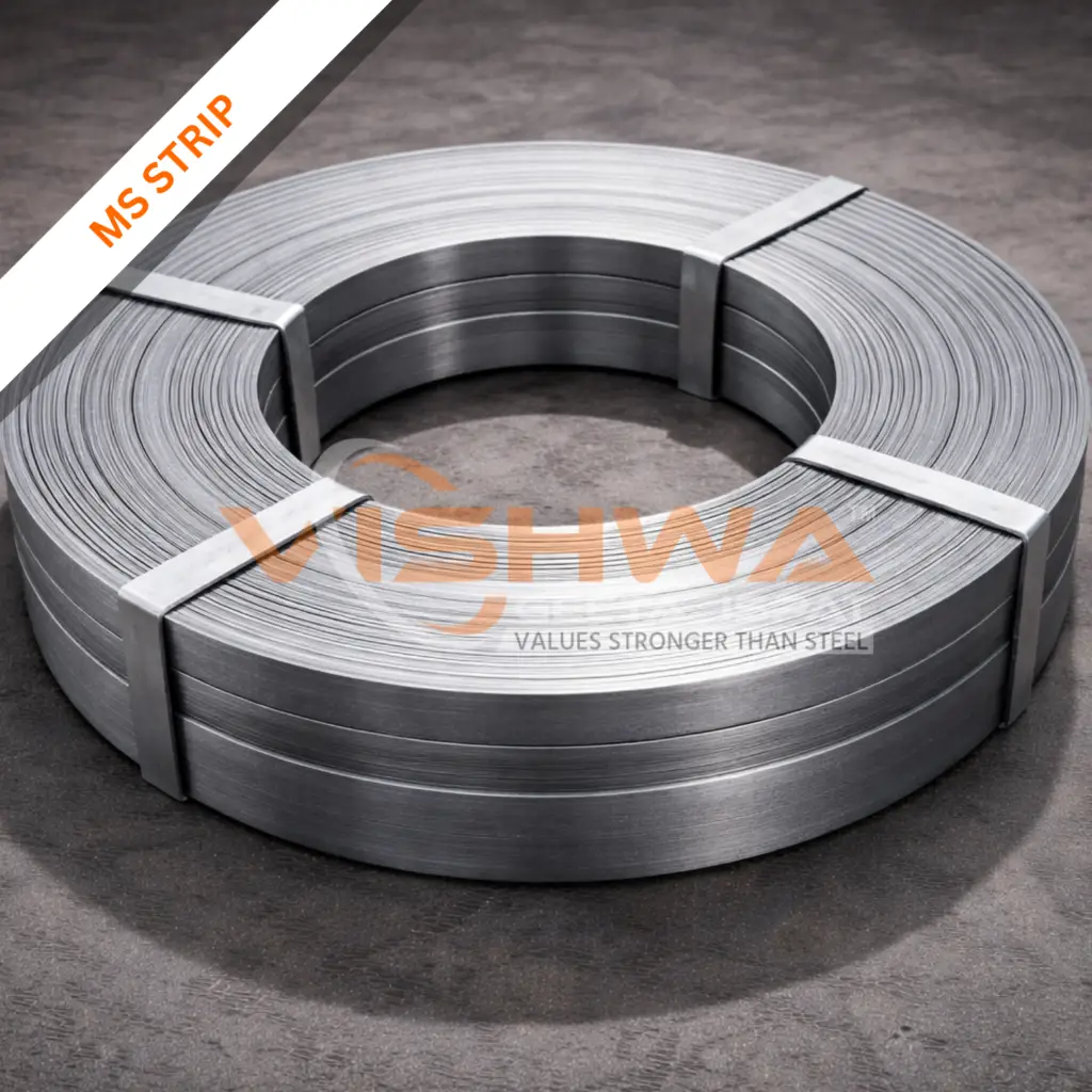 Coiled mild steel (MS) strip bound in a circular roll with metal straps, placed on an industrial floor under studio lighting.