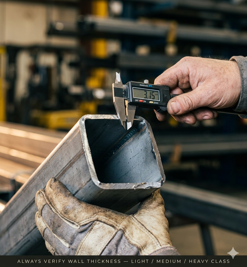 square ms pipe weight chart wall thickness measurement with vernier caliper checking IS 4923 SHS mild steel pipe quality