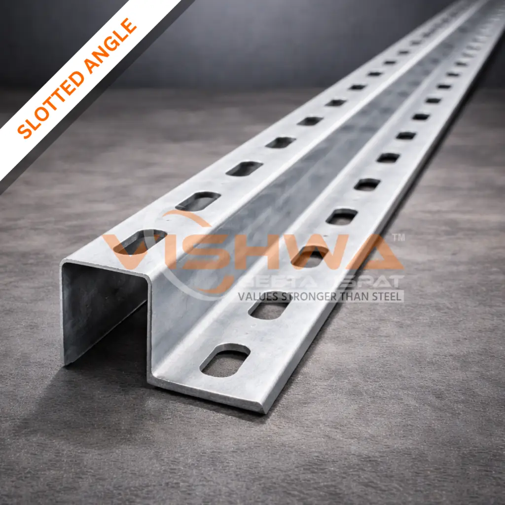 Single slotted angle steel section with evenly spaced rectangular slots, placed on a dark textured surface under studio lighting.