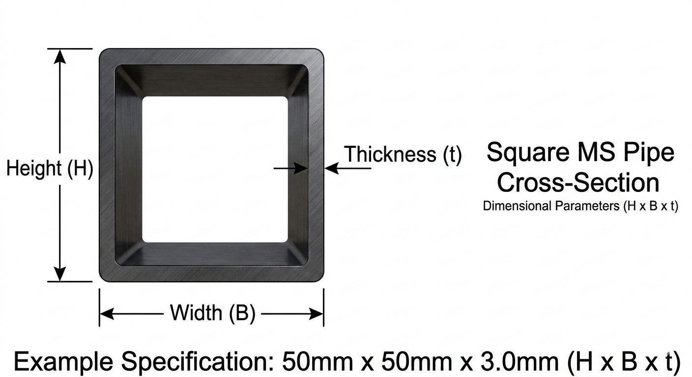 square ms pipe weight chart cross section diagram showing outer dimension OD wall thickness t and inner bore for IS 4923 SHS