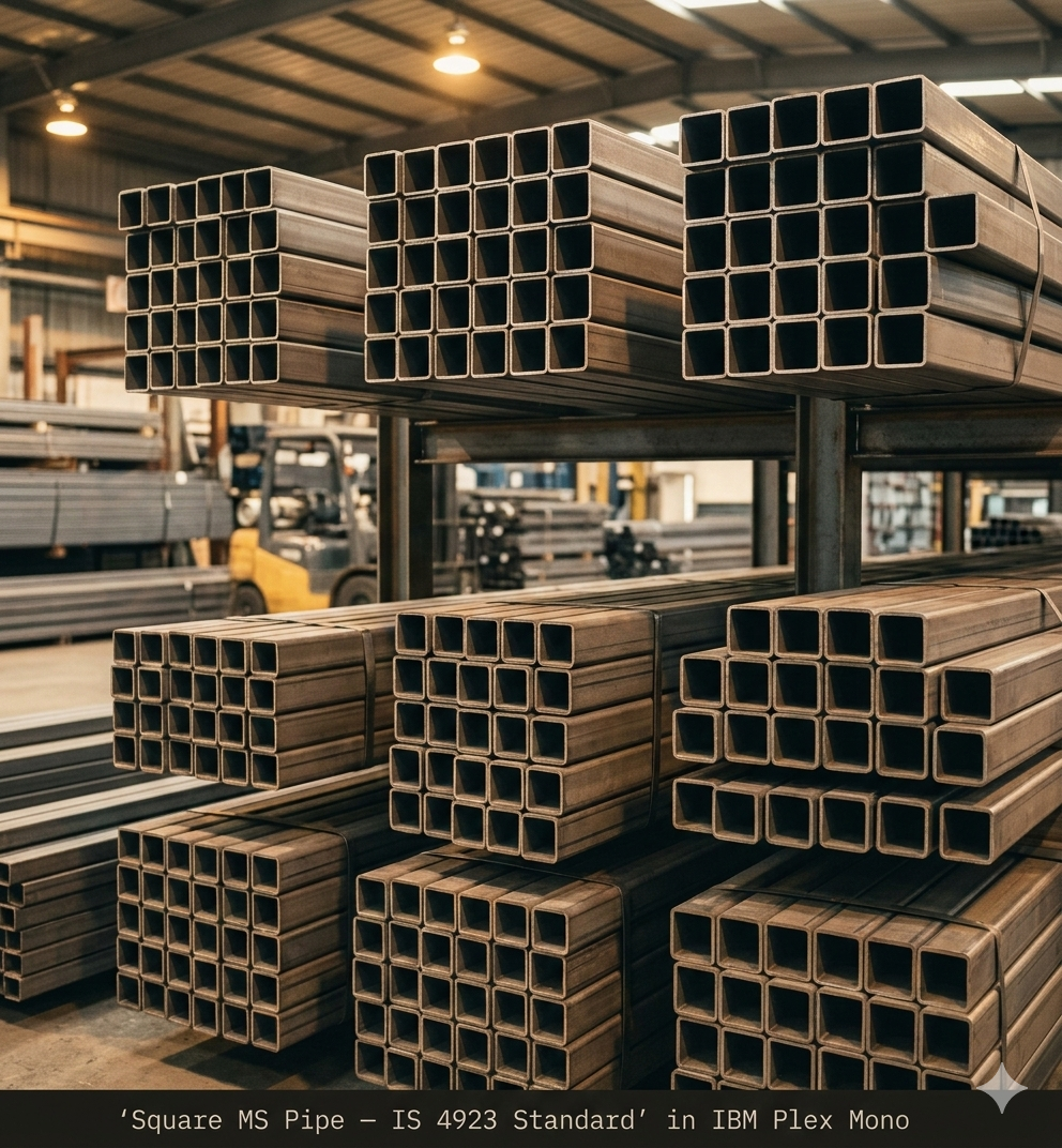 square ms pipe weight chart reference square hollow section SHS pipes stacked at steel stockist yard industrial setting