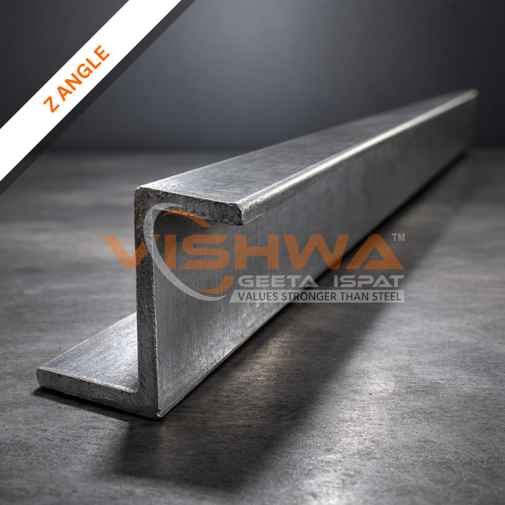 Single MS Z Angle steel section placed on a dark concrete surface with soft studio lighting, showing the Z-shaped profile clearly.