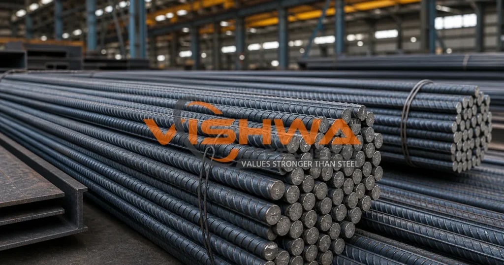 Sariya ka price today featured image with stacked TMT bars in steel warehouse