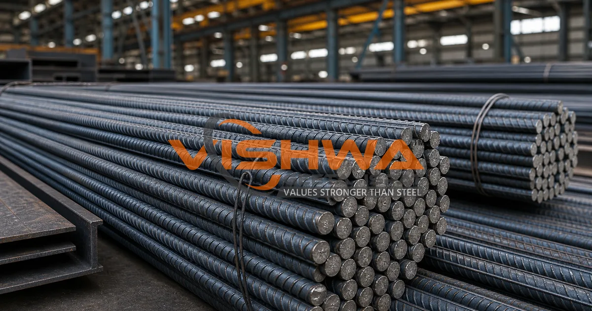 Sariya ka price today featured image with stacked TMT bars in steel warehouse