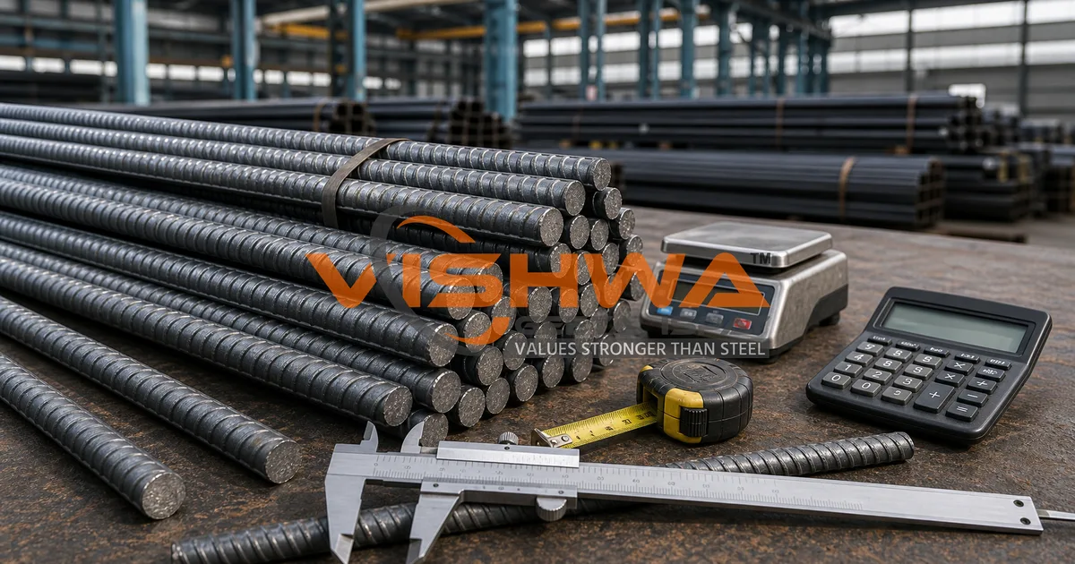 TMT sariya buying guide image with TMT bars, measuring tape, weighing scale and calculator